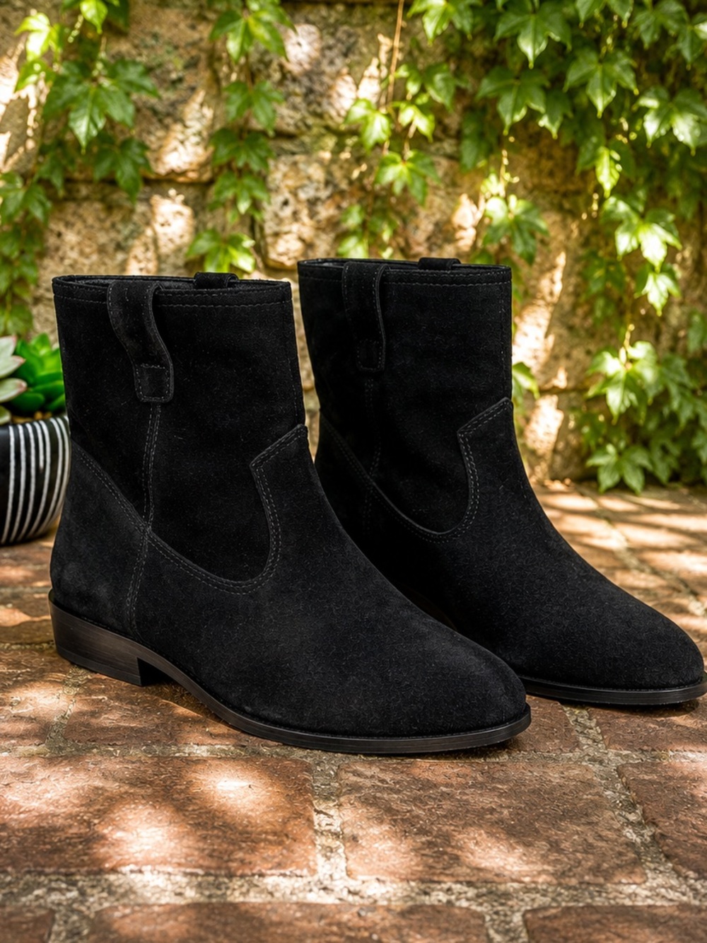 REBECCA MINKOFF Minimalist Walkable Luxury Black Suede Ankle Boots, 7.5M